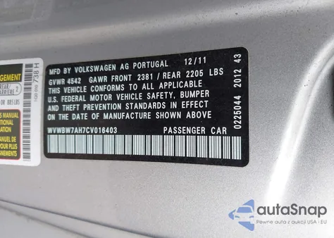 2012 Volkswagen Eos Komfort from USA, damaged, VIN WVWBW7AH7CV016403